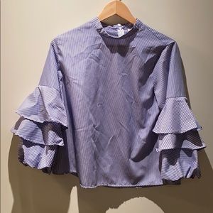 Blue and white stripes tiered sleeve blouse